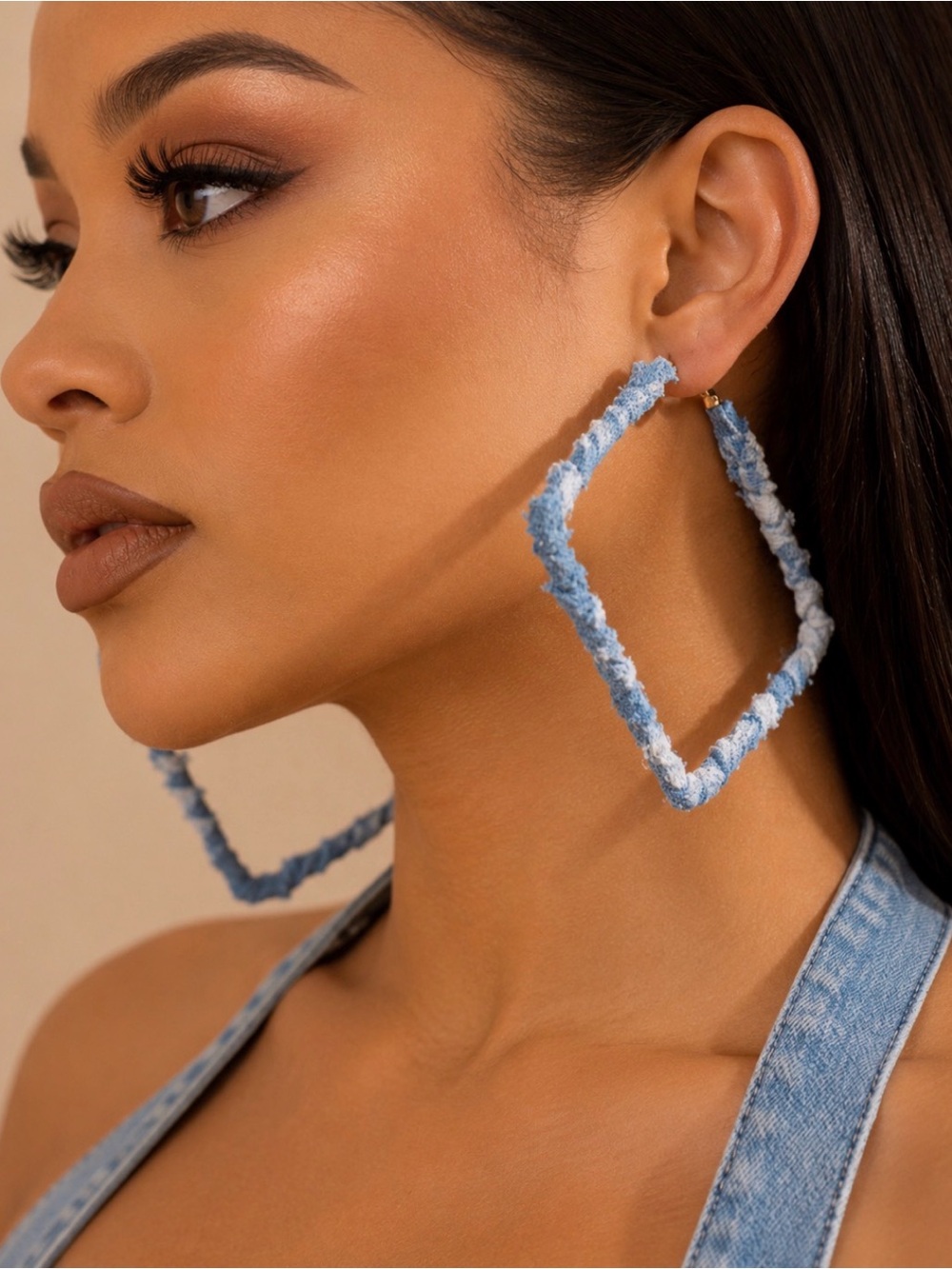 Powder Blue Geometric Hoop Earrings with Gold Accents